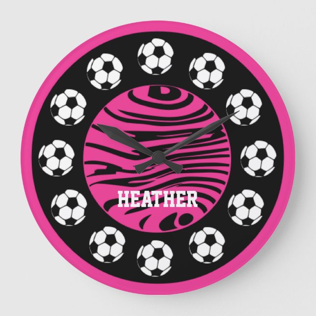Personalised Soccer Pink Zebra Stripes Wall Clock (Front)
