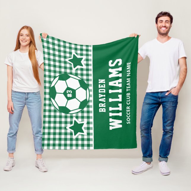 Personalised Soccer Player Name Green Plaid Fleece Blanket (In Situ)
