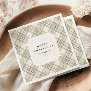 Personalised Soft Beige Gingham Merry Christmas Napkin
