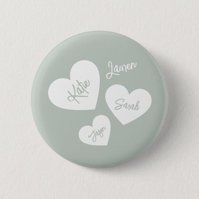 Personalised Soft Green Blue Mother's Hearts 6 Cm Round Badge (Front)
