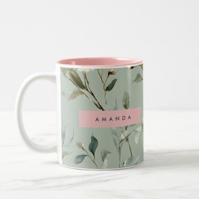 Personalised Soft Pastel Green Flower Design Two-Tone Coffee Mug (Left)