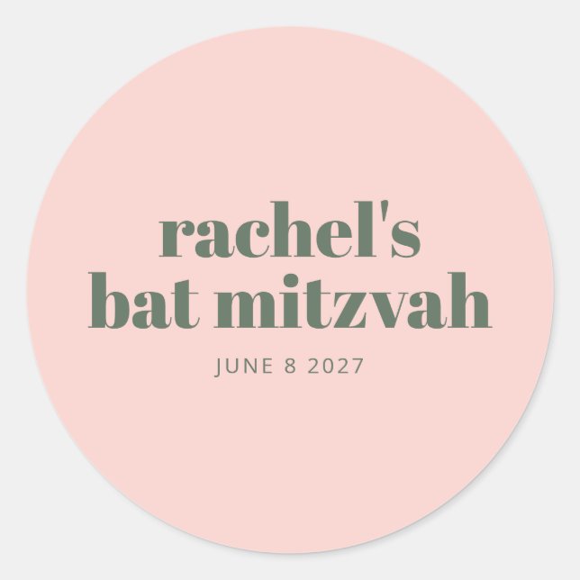 Personalised Soft Pink Green Modern Bat Mitzvah Classic Round Sticker (Front)