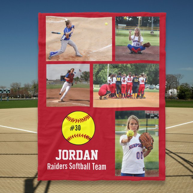 Personalised Softball 5 Photo Collage Name Team # Fleece Blanket (Creator Uploaded)