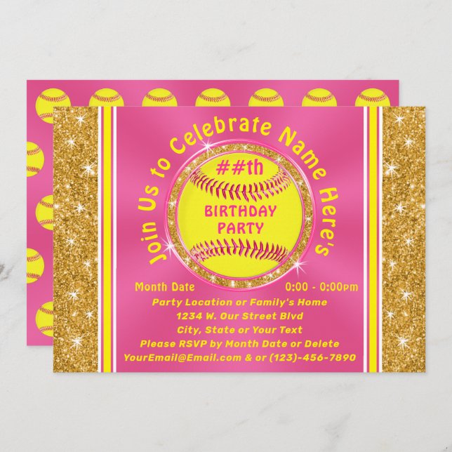 Personalised Softball Birthday Party Invitations (Front/Back)
