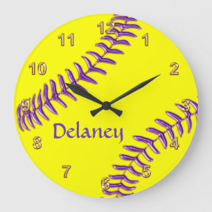 Personalised Softball Clocks, Purple Name, Threads Large Clock