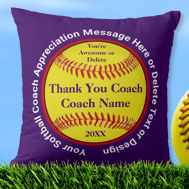 Personalised Softball Coach Gifts Purple Any Colou Cushion (Softball pillows. Personalized softball coach gift ideas. Purple and white, softball coach gifts.)