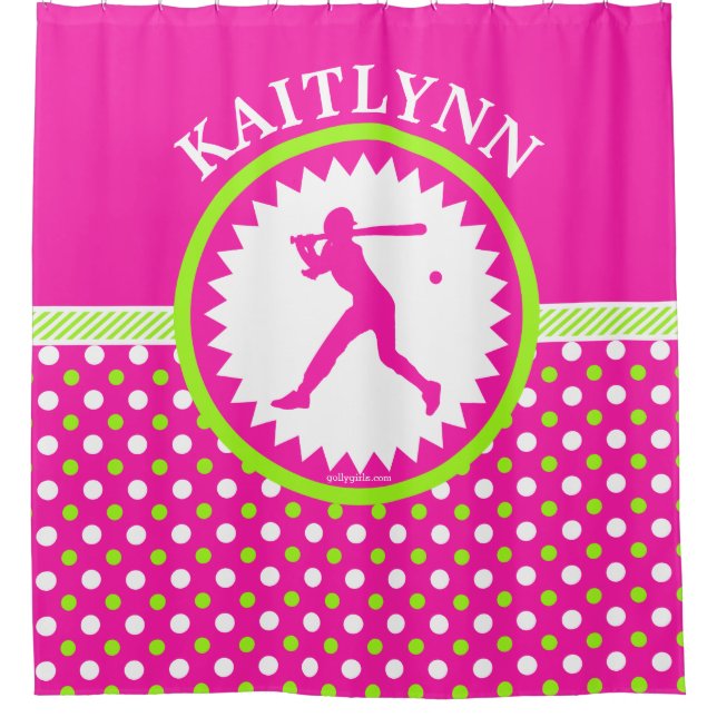 Personalised Softball Pink - Green Polka-Dots Shower Curtain (Front)
