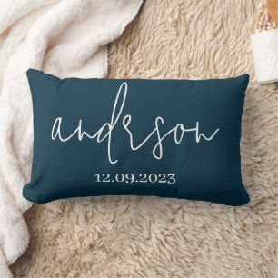 Personalised Solid Navy Colour Script Family Name Lumbar Cushion