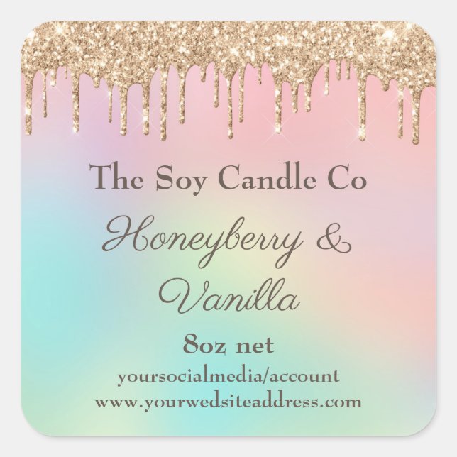 Personalised Soy Candle Dripping Rose Gold Glitter Square Sticker (Front)