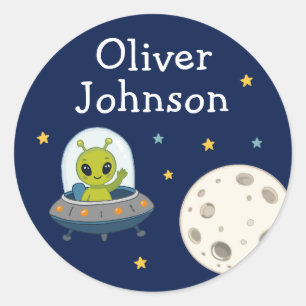 Personalised Space Alien Moon Name Classic Round Sticker