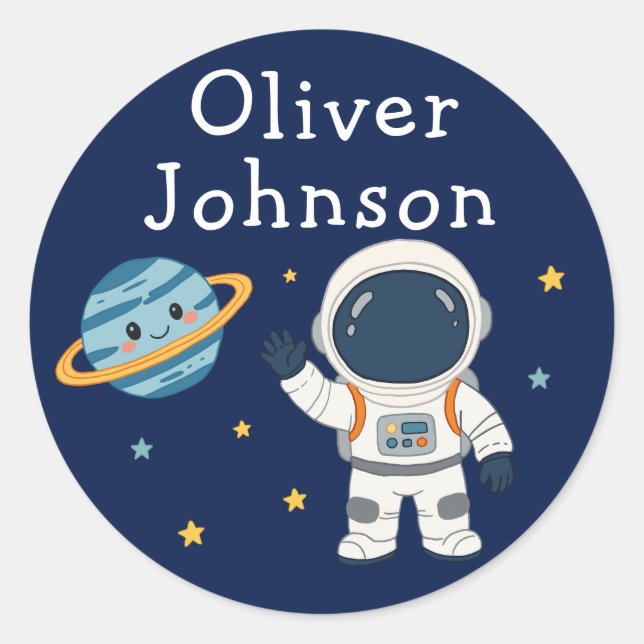 Personalised Space Astronaut Planet Name Classic Round Sticker (Front)