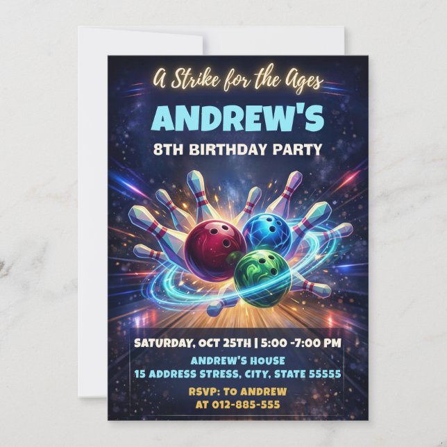 Personalised Space bowling birthday invitation (Front)