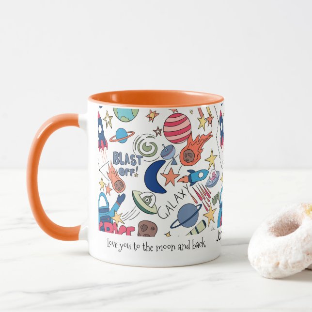 Personalised Space Theme Doodles for Kids  Mug (With Donut)