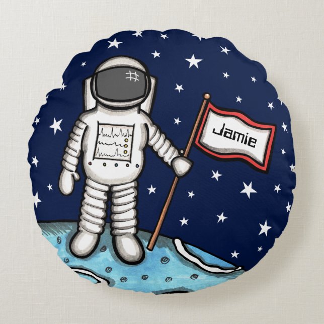 Personalised Spaceman Astronaut Cosmonaut Round Cu Cushion (Front)