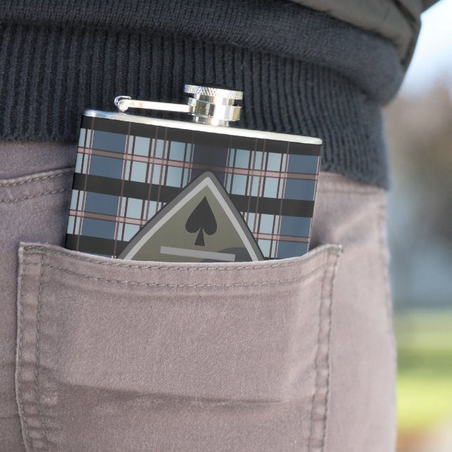 Personalised Spade Poker Blue Plaid Flask (In Situ)