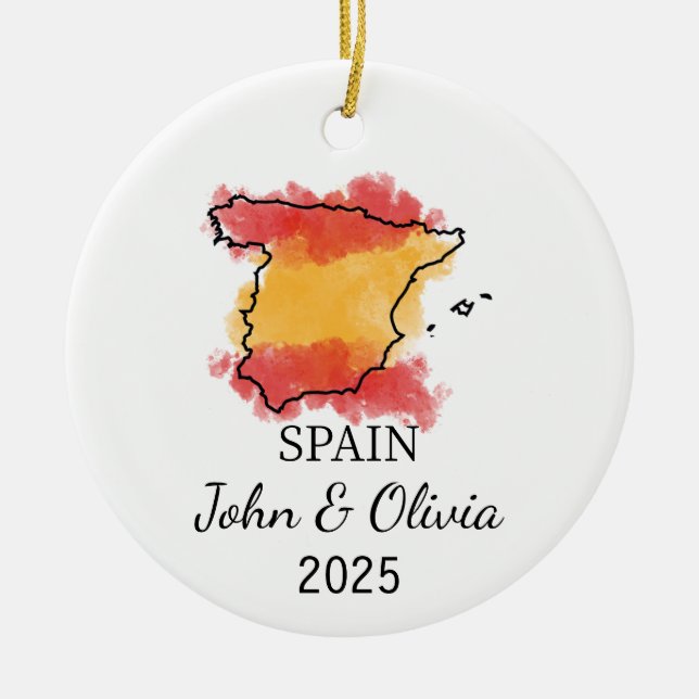 Personalised Spain Ornament, Spain Flag Gift Ceramic Tree Decoration (Front)