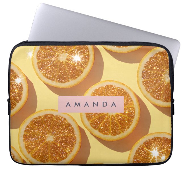 Personalised Sparkle Citrus Glitter Orange Laptop Sleeve (Front)