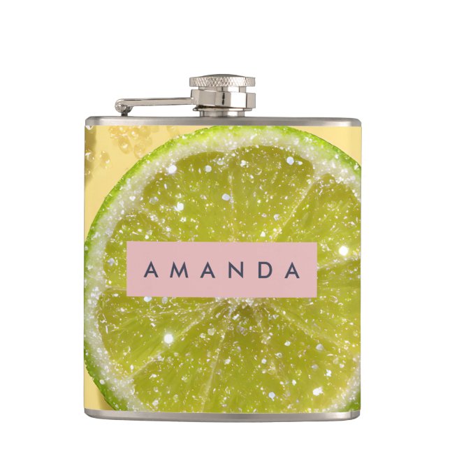 Personalised Sparkle Lime Slice Glitter Citrus  Hip Flask (Front)