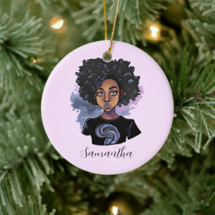 Personalised Sparkling African American Woman Ceramic Tree Decoration