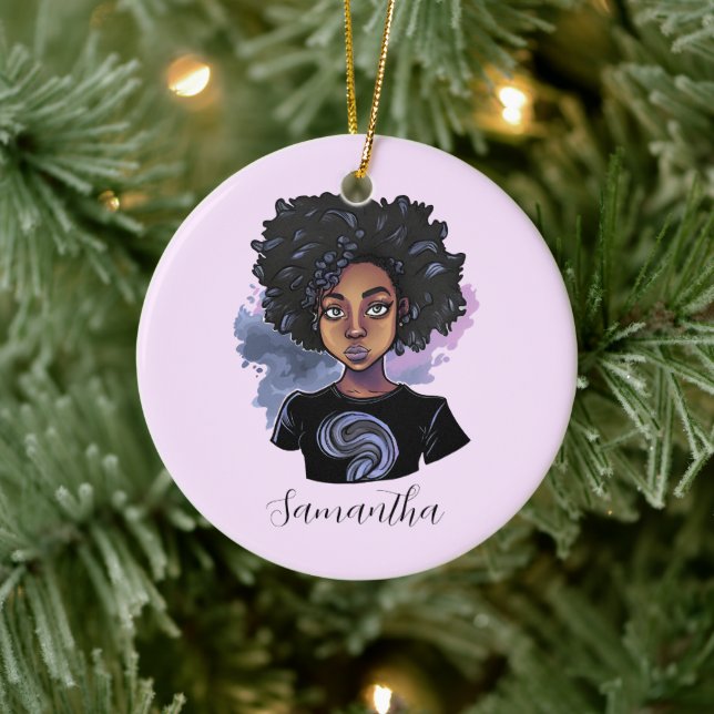 Personalised Sparkling African American Woman Ceramic Tree Decoration (Tree)
