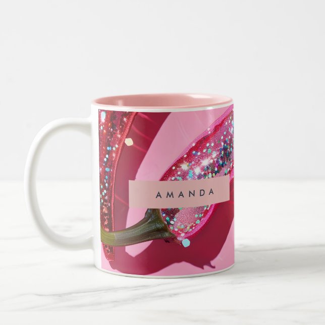 Personalised Sparkling Hot Pink Glitter Chilli Two-Tone Coffee Mug (Left)