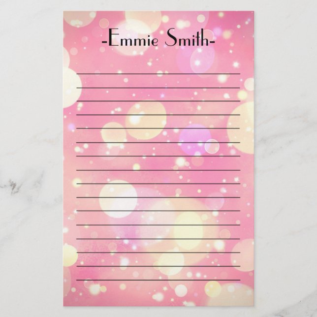 Personalised Sparkling Pink Bokeh Glitter Lined Stationery (Front)