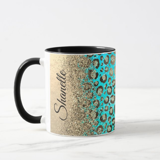 Personalised Sparkly Glittery Turquoise Leopard Mug (Left)