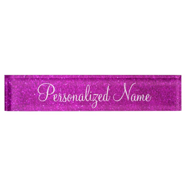 Personalised sparkly pink glitter desk nameplate (Front)