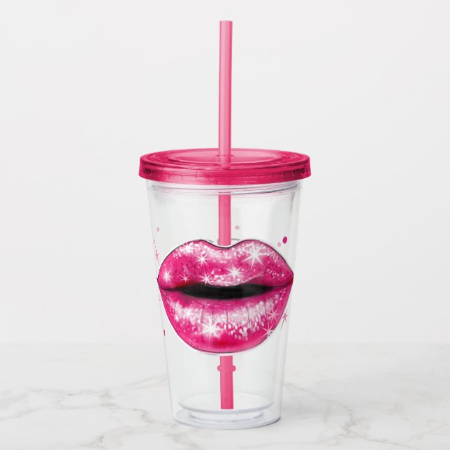 Personalised Sparkly Pink Love Lips Acrylic Tumble Acrylic Tumbler (Front)