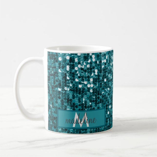 Personalised Sparkly Teal Sequin/Glitter Name Coffee Mug (Left)