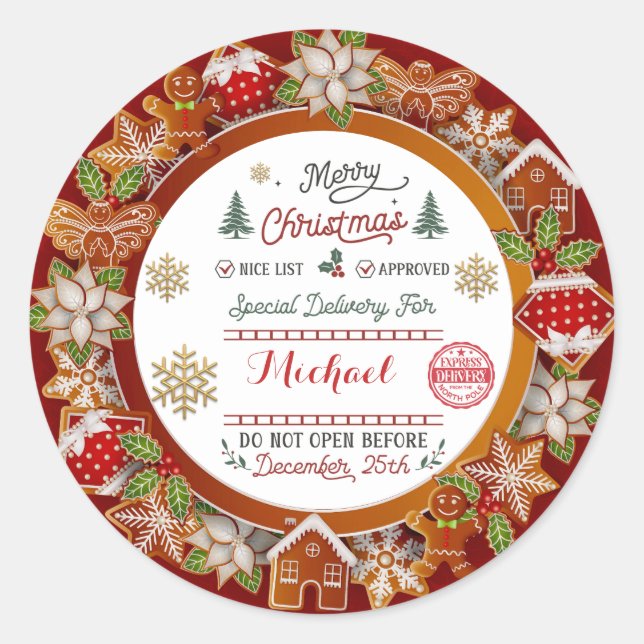 Personalised Special Delivery North Pole Santa Classic Round Sticker (Front)
