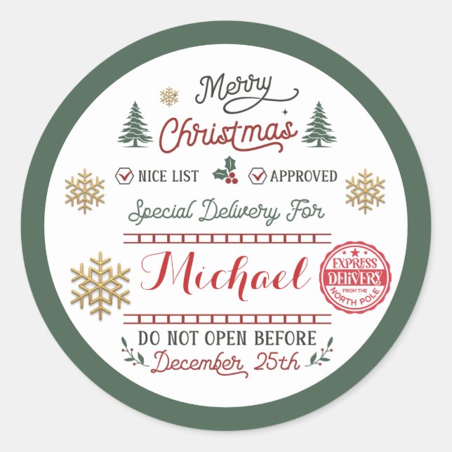 Personalised Special Delivery North Pole Santa Classic Round Sticker (Front)