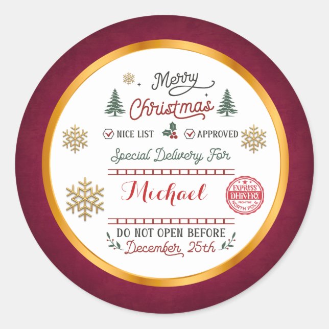 Personalised Special Delivery North Pole Santa Classic Round Sticker (Front)