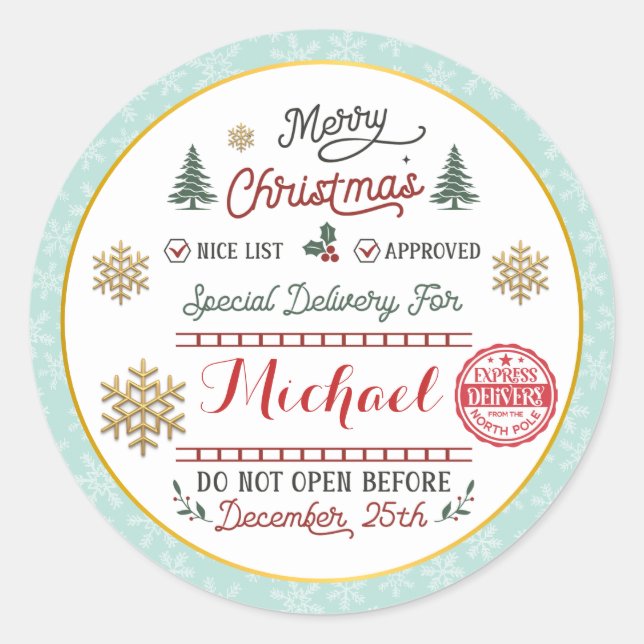 Personalised Special Delivery North Pole Santa Classic Round Sticker (Front)