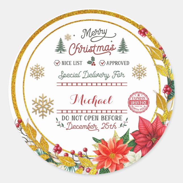 Personalised Special Delivery North Pole Santa Classic Round Sticker (Front)