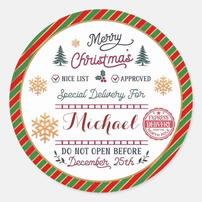Personalised Special Delivery North Pole Santa Classic Round Sticker (Front)