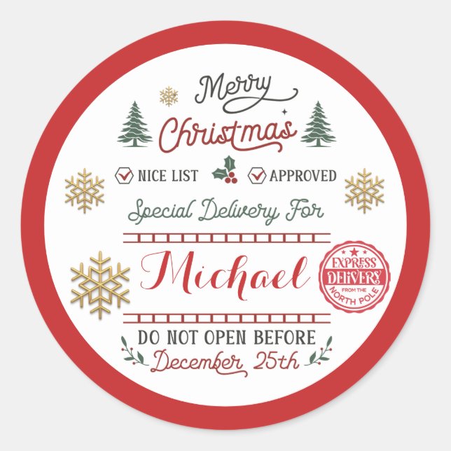 Personalised Special Delivery North Pole Santa Classic Round Sticker (Front)