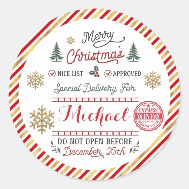Personalised Special Delivery North Pole Santa Classic Round Sticker (Front)