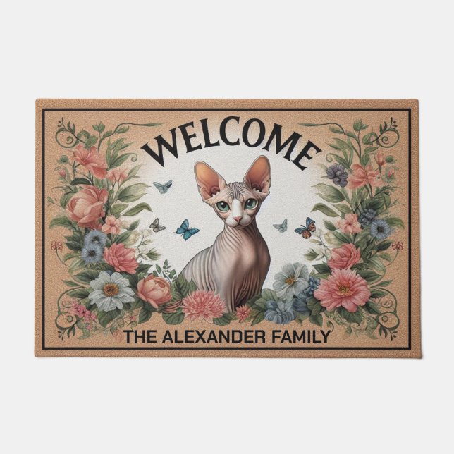 Personalised Sphynx Cat Floral Chic Welcome Doormat (Front)