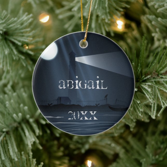 Personalised Spooky Lighthouse at Night Ceramic Tree Decoration (Tree)