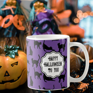 Personalised Spooky Purple Halloween Black Cats Coffee Mug