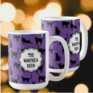 Personalised Spooky Purple Halloween Black Cats Coffee Mug