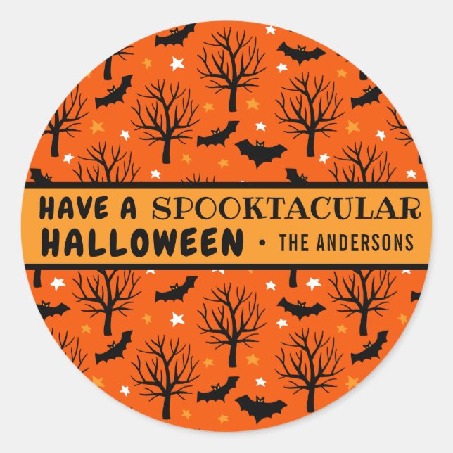 Personalised Spooky Trees and Bats Halloween Classic Round Sticker (Front)