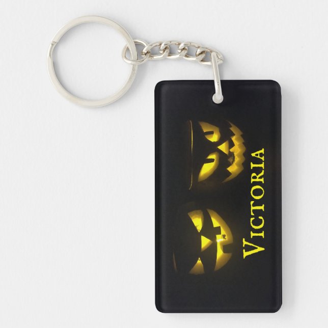 Personalised spooky yellow pumpkin face key ring (Front)