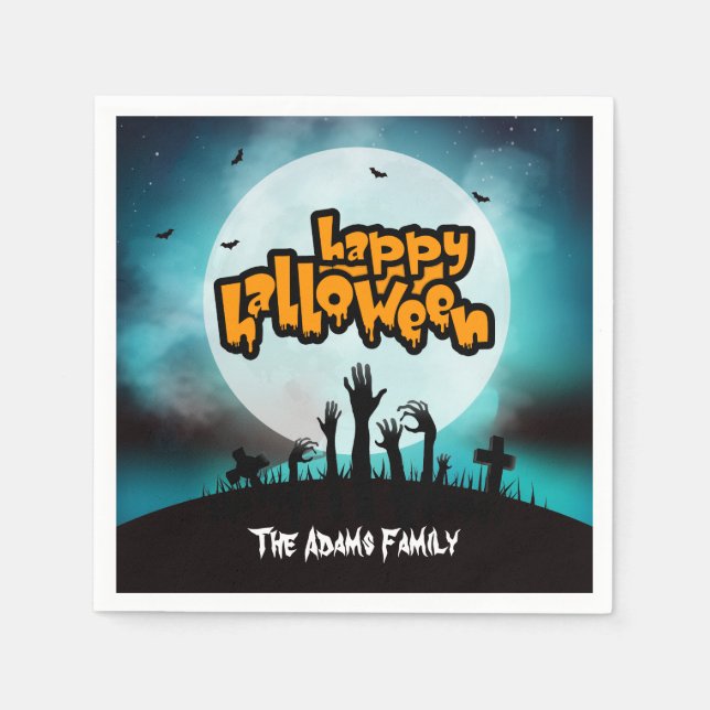 Personalised Spooky Zombie Happy Halloween Party Napkin (Front)