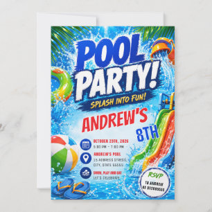 Personalised Sport Pool Waterslide Birthday  Invitation