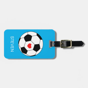 Personalised Sport Soccer ball Blue with heart Luggage Tag