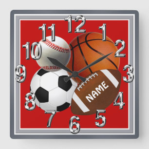 Personalised Sports Clock, Your Name and Colours Square Wall Clock