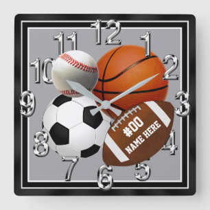 Personalised Sports Decor for Toddler Room, Sports Square Wall Clock