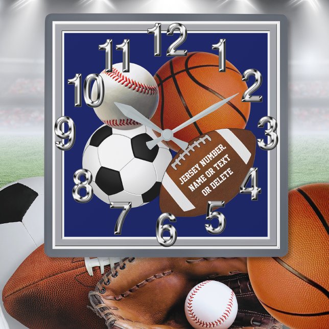 Personalised, Sports Themed Wall Clock, for Sale Square Wall Clock (Sports Themed Wall Clock. Gifts for Sports Lovers. Sports Christmas Gifts. Personalized sports gifts)
